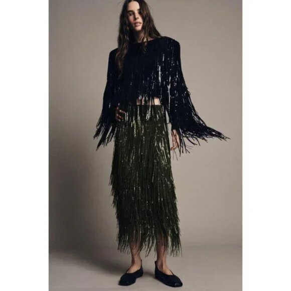 ZARA ZW COLLECTION LIMITED EDITION SEQUIN FRINGE SKIRT - Picture 1 of 9